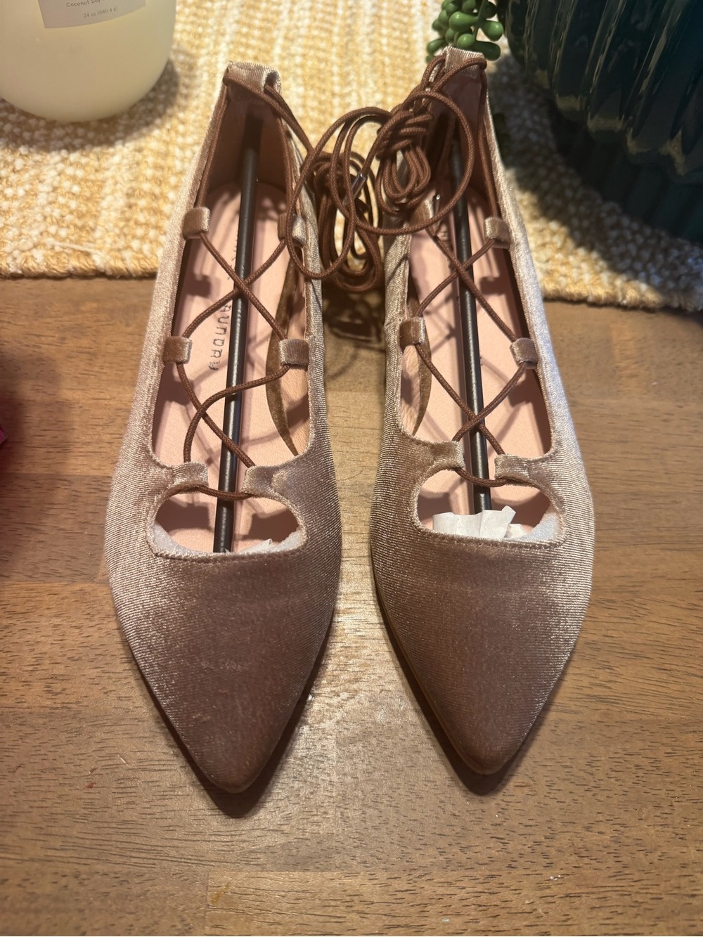 Chinese Laundry Pointed Lace-Up Velvet Flats in Dusty Pink